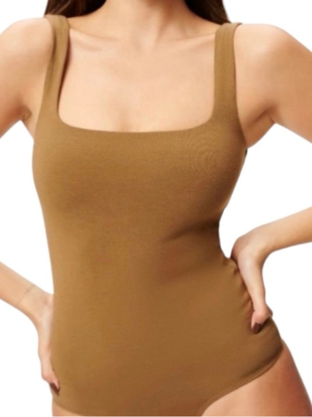 Good American Ribbed Square Neck Bodysuit in Camel Brown